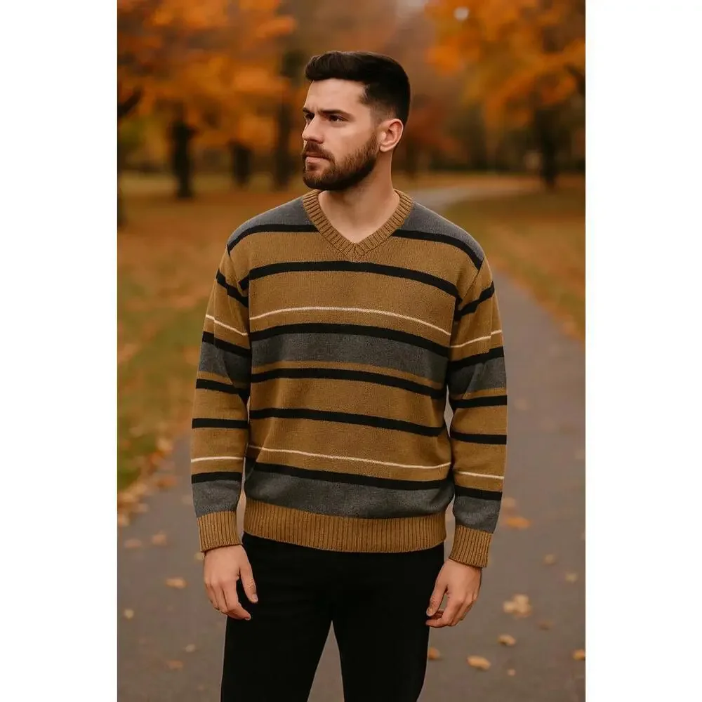 VTG Striped V-Neck Sweater Men’s XXL Knit Neutral Earth Tone Pullover